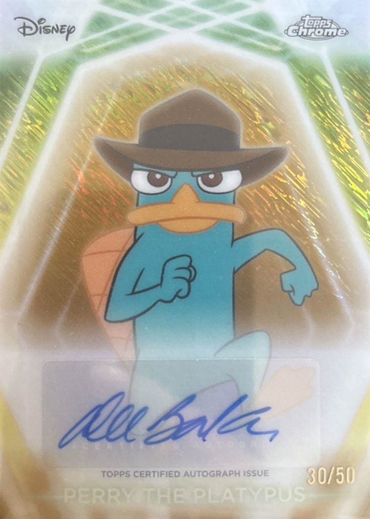 Perry the Platypus Dee Bradley Baker Chrome Neon Etch Autograph Gold Shimmer 2026 Topps Disney Neon